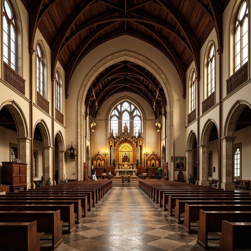 Prompt: Vaulted ceilings, exposed wooden beams, stained glass windows, intricate stone carvings, grand altarpieces, ornate chandeliers, polished marble floors, warm golden lighting, dramatic archways, rustic wooden pews, traditional Christian iconography, serene atmosphere, soft diffused light, high contrast ratio, 1/2 composition, symmetrical framing, realistic textures, ambient occlusion.