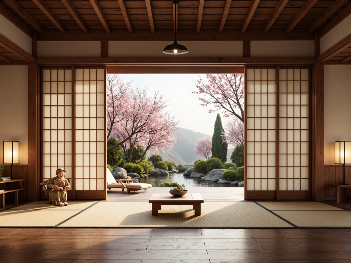 Prompt: Traditional Japanese sliding doors, natural wood tones, subtle cherry blossom pink, soft creamy whites, rich dark woods, elegant gold accents, serene water feature sounds, peaceful bonsai trees, delicate paper lanterns, minimalist low-seating furniture, warm ambient lighting, shallow depth of field, 2/3 composition, cinematic color grading, realistic fabric textures, subtle gradient maps.