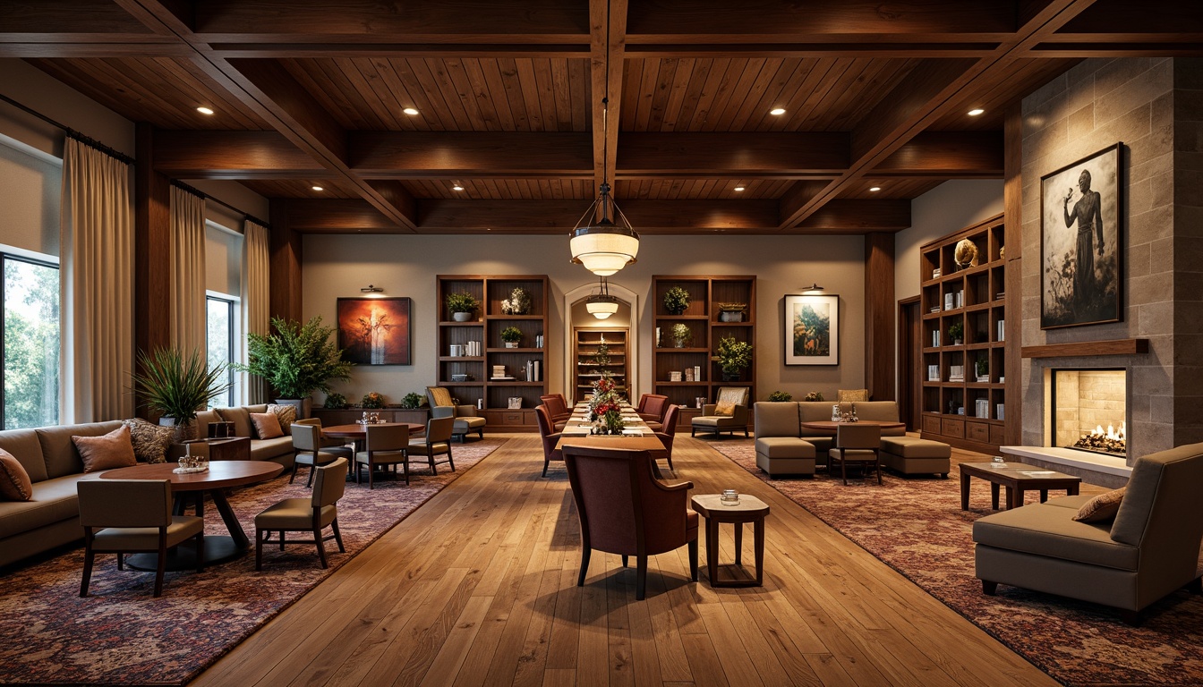 Prompt: Rich wood tones, plush carpets, comfortable seating areas, modern game tables, rustic wooden shelves, vintage decorative accents, warm ambient lighting, cozy fireplaces, natural stone walls, earthy color palette, subtle patterns, metallic trim details, luxurious fabrics, sophisticated artwork, statement light fixtures, dramatic ceiling heights, elegant archways, soft warm glow, 1/1 composition, shallow depth of field, realistic textures.