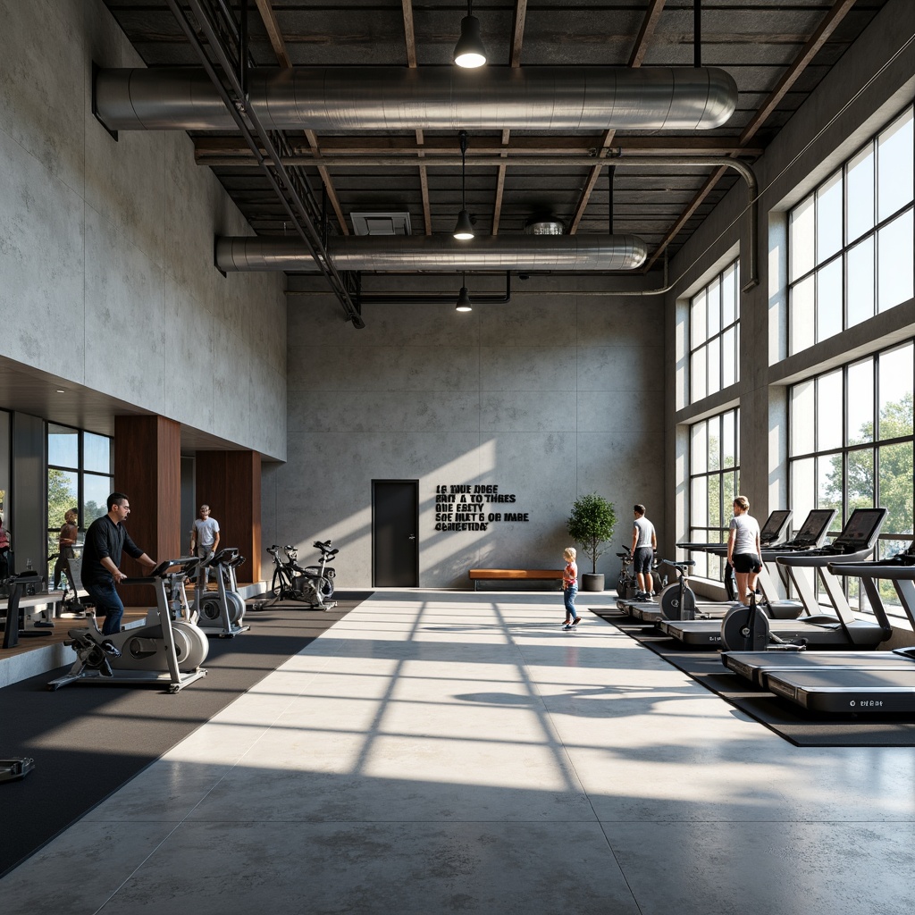 Prompt: Modern gymnasium interior, minimalist style, industrial chic aesthetic, exposed ductwork, polished concrete floors, sleek metal beams, floor-to-ceiling windows, natural daylight, simple color scheme, bold typography, motivational quotes, state-of-the-art exercise equipment, free weights, treadmills, stationary bikes, mirrored walls, rubber flooring, sound-absorbing panels, functional layout, open spaces, minimalist decor, subtle lighting, 1/1 composition, shallow depth of field, realistic textures.