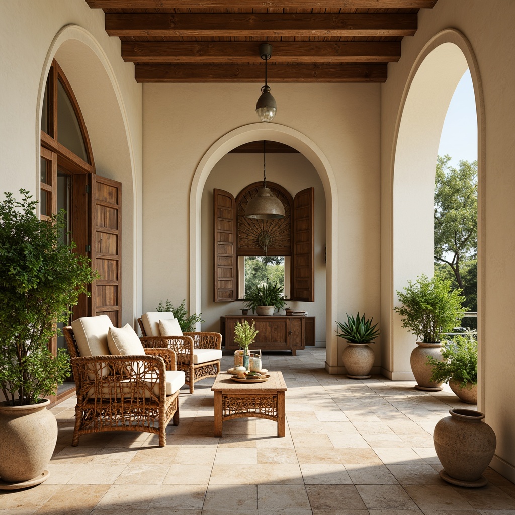 Prompt: Warm beige walls, soft cream accents, calming turquoise tones, natural stone flooring, wooden furniture with ornate carvings, lush greenery, rustic ceramic vases, earthy terracotta pots, woven wicker chairs, distressed wood shutters, Mediterranean-inspired arches, soft warm lighting, 1/1 composition, realistic textures, ambient occlusion.