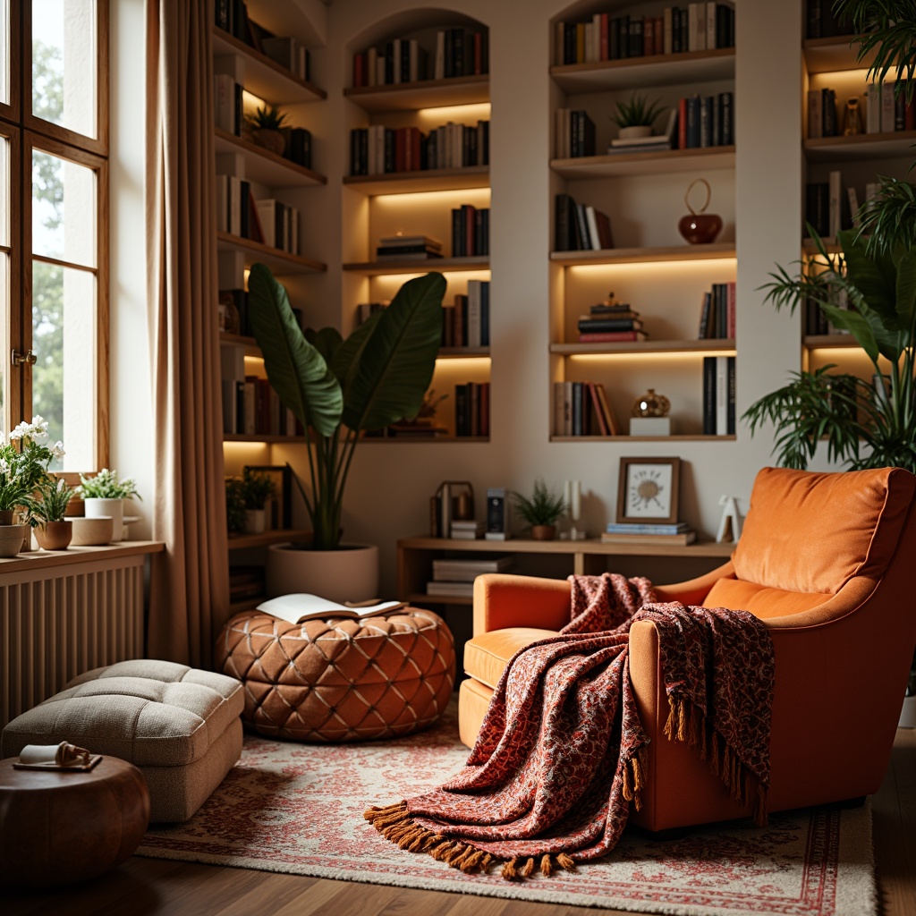 Prompt: Cozy reading nook, plush velvet armchair, soft cashmere throw blankets, warm beige walls, wooden flooring, natural light pouring in, floor-to-ceiling bookshelves, comfortable seating area, vibrant colorful textiles, intricate geometric patterns, modern minimalist design, calm ambiance, gentle warm lighting, shallow depth of field, 1/1 composition.