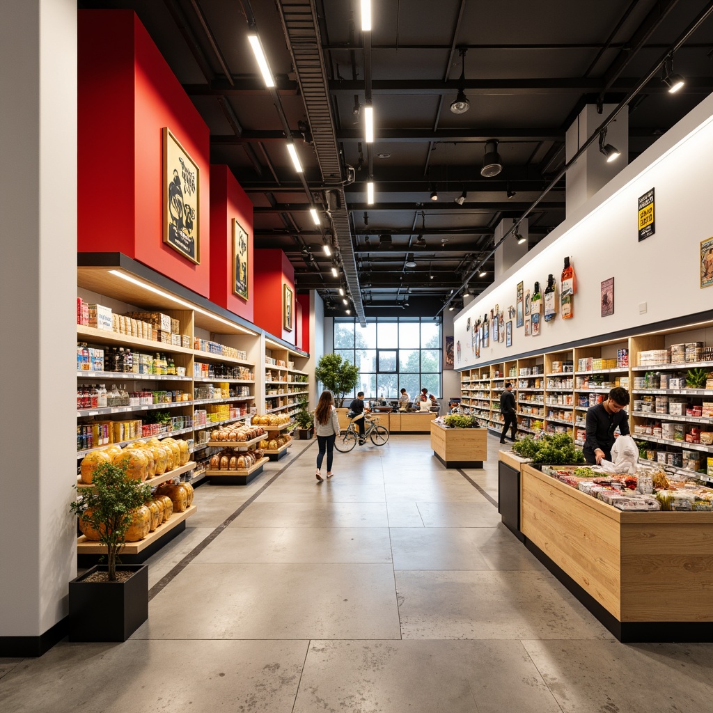 Prompt: Vibrant grocery store, modern streamline design, bright white walls, bold red accents, warm beige shelving, sleek metal fixtures, polished concrete floors, natural wood tones, energetic color scheme, contrasting black and yellow signage, LED lighting, minimalist product displays, geometric patterns, urban industrial feel, bustling shopping atmosphere, morning sunlight, shallow depth of field, 2/3 composition, realistic textures, ambient occlusion.