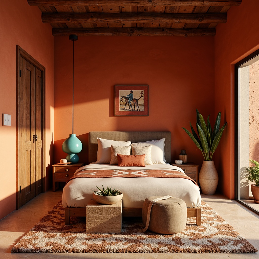 Prompt: Vibrant southwestern bedroom, warm terracotta walls, earthy red clay accents, turquoise decorative accessories, sandy beige flooring, rustic wooden furniture, woven textile patterns, geometric Native American-inspired designs, soft golden lighting, ambient shadows, 1/2 composition, shallow depth of field, realistic textures, cozy intimate atmosphere.