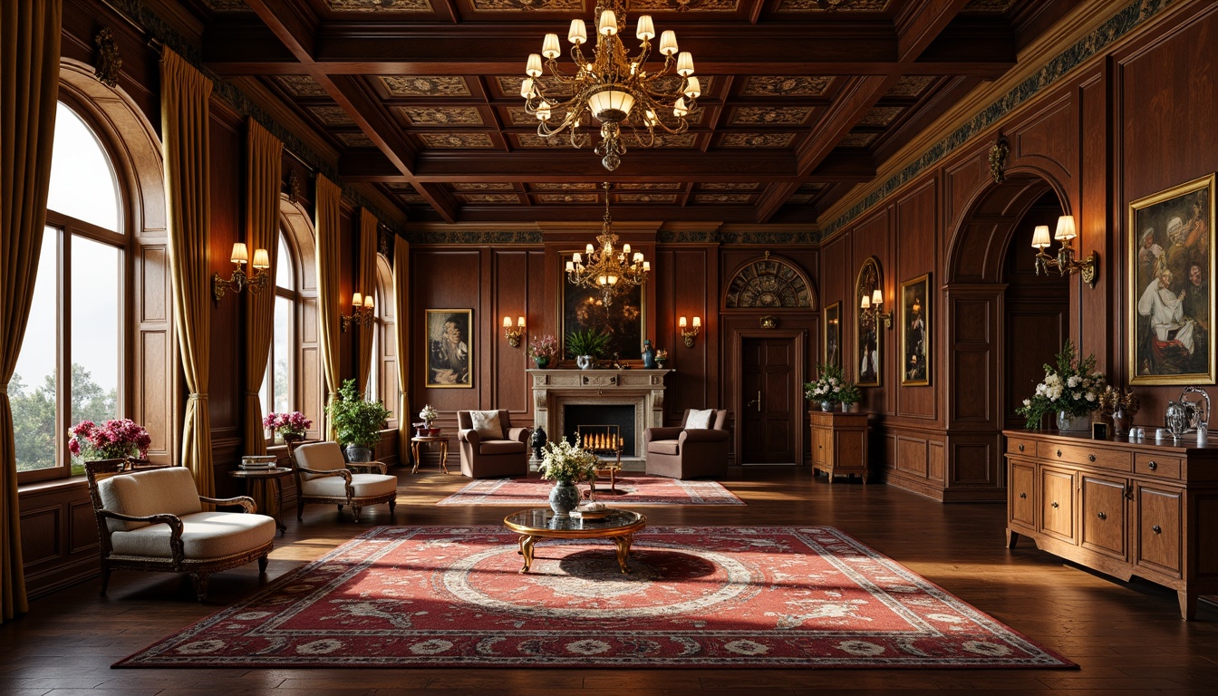 Prompt: Renaissance-style interior, ornate furnishings, luxurious atmosphere, dark hardwood floors, rich wood tones, inlays of precious stones, intricate patterns, high-gloss finish, golden accents, opulent textiles, velvet drapes, ornamental moldings, grand chandeliers, sophisticated color palette, warm earthy hues, elegant archways, sweeping staircases, lavish decor, refined ambiance, soft warm lighting, shallow depth of field, 1/2 composition, realistic textures, ambient occlusion.