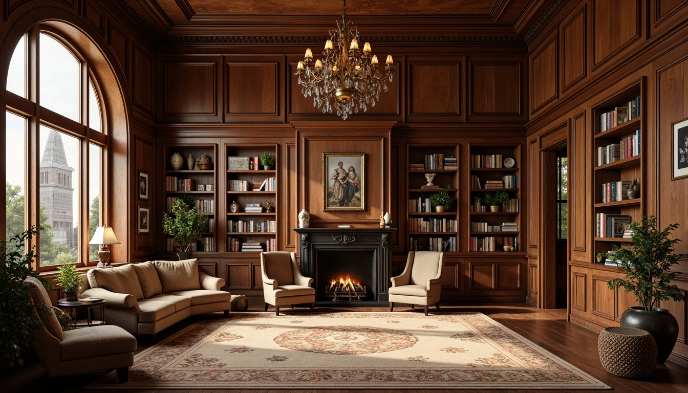 Prompt: Rich wood tones, dark hardwood flooring, warm beige carpets, vintage rug patterns, ornate wooden paneling, classic bookshelves, leather-bound books, comfortable reading nooks, soft golden lighting, subtle texture details, traditional architectural elements, grand high ceilings, elegant chandeliers, sophisticated color palette, cozy atmosphere, inviting furniture arrangement, 1/1 composition, realistic wood textures, ambient occlusion.