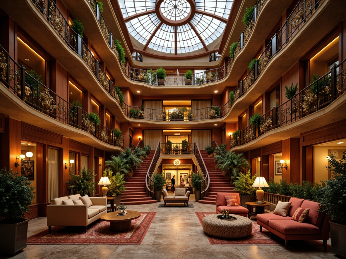 Prompt: Luxurious hotel lobby, ornate metalwork, curved lines, organic forms, flowing patterns, grand staircase, intricate mosaics, stained glass ceiling, elegant chandeliers, rich wood paneling, velvet drapes, plush furniture, warm golden lighting, soft focus, shallow depth of field, 1/2 composition, atmospheric perspective, highly detailed textures, ambient occlusion.