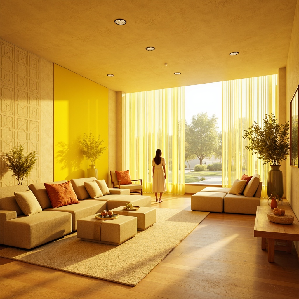 Prompt: Vibrant light yellow glass accents, warm sunny ambiance, cozy interior setting, modern minimalist decor, sleek low-profile furniture, polished wooden floors, soft cream-colored walls, decorative geometric patterns, subtle texture variations, ambient warm lighting, shallow depth of field, 1/1 composition, realistic reflections, intricate glass details.