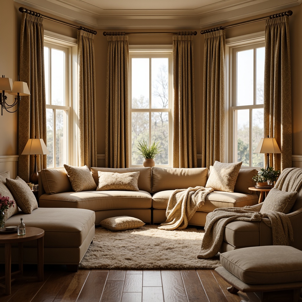 Prompt: Cozy living room, plush throw blankets, soft velvety sofas, warm beige walls, natural wood flooring, comfortable seating areas, floor-to-ceiling windows, diffused warm lighting, elegant drapery, intricate embroidery patterns, luxurious fabrics, calming color palette, inviting atmosphere, shallow depth of field, 1/1 composition, realistic textures, ambient occlusion.