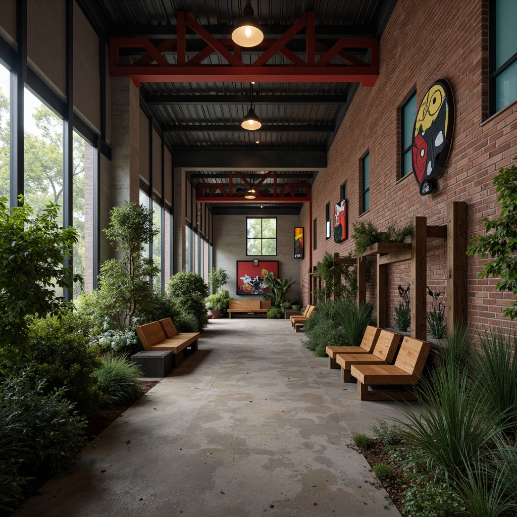 Prompt: Rustic metal enclosures, distressed wooden accents, exposed brick walls, industrial-style lighting fixtures, bold color accents, vibrant animal murals, concrete flooring, steel beams, reclaimed wood benches, urban jungle atmosphere, dense foliage, misty morning light, shallow depth of field, 1/2 composition, cinematic perspective, detailed textures, ambient occlusion.