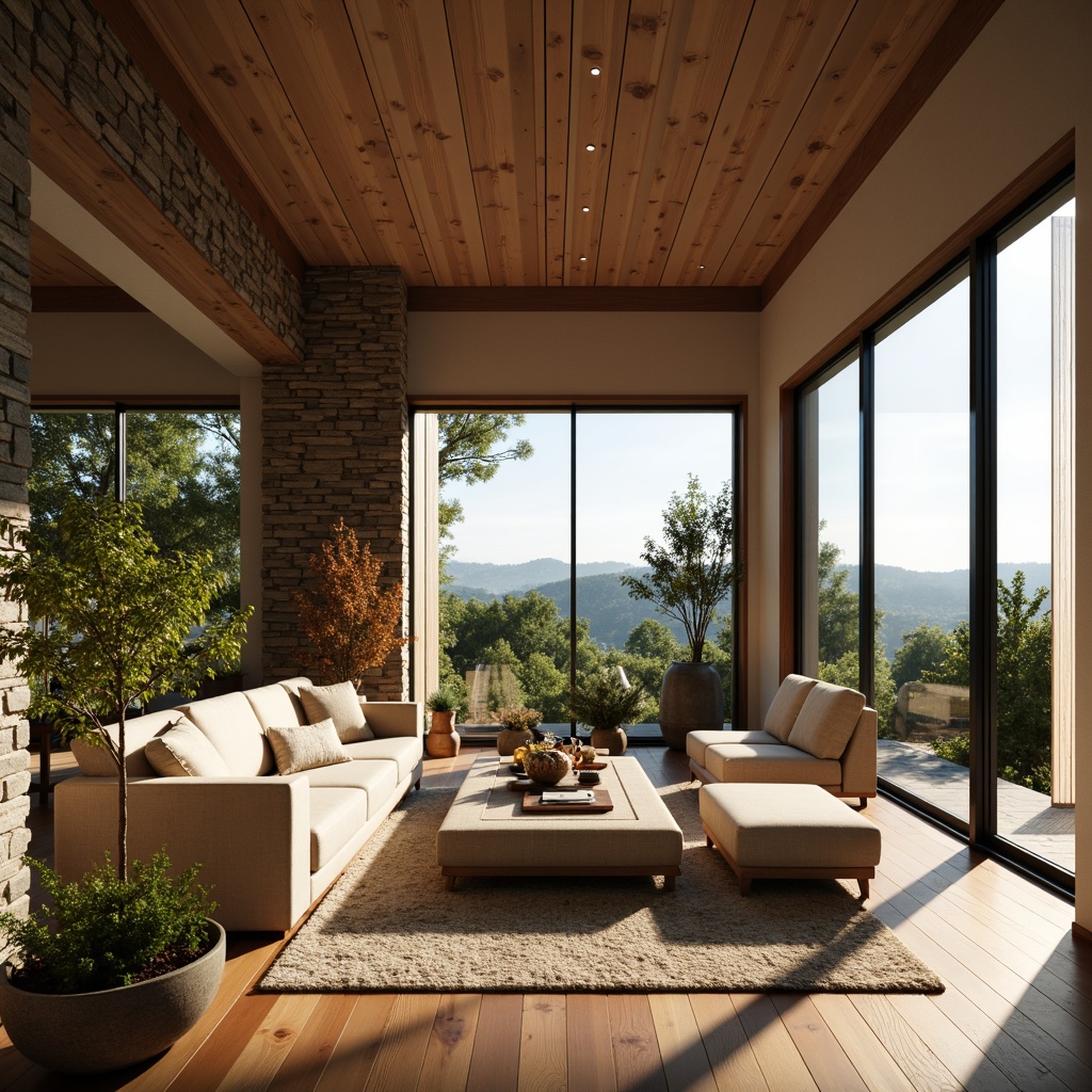 Prompt: Warm cozy living room, large windows, sliding glass doors, natural stone walls, wooden flooring, minimalist decor, soft warm lighting, ambient occlusion, shallow depth of field, 3/4 composition, panoramic view, realistic textures, blooming plants, greenery, sunny day, gentle breeze, earthy color palette, organic shapes, rustic accents, eco-friendly materials, sustainable design solutions, energy-efficient systems, airy open space, modern architecture.