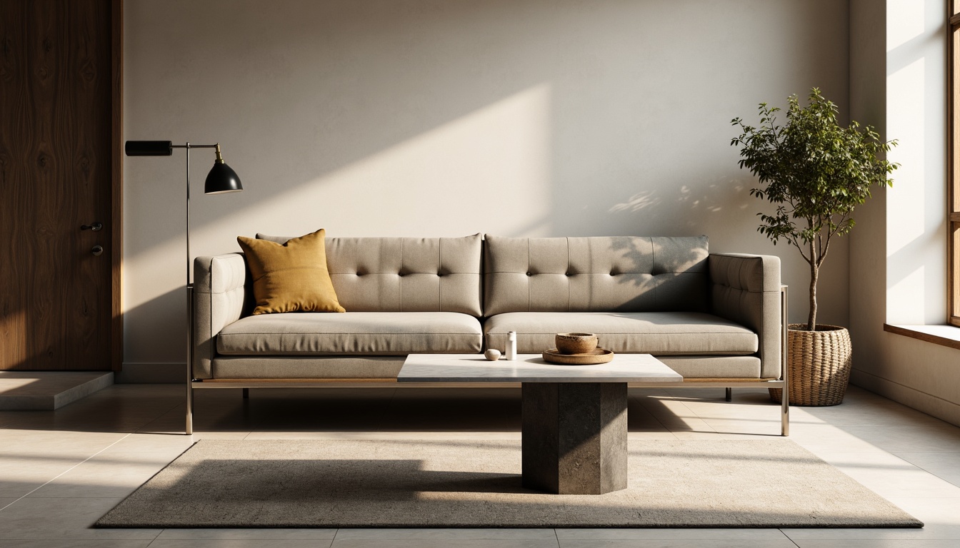 Prompt: Minimalist living room, sleek low-profile sofa, tufted velvet upholstery, polished chrome legs, geometric coffee table, marble top, minimalist decor, soft warm lighting, subtle shadows, 1/1 composition, shallow depth of field, realistic textures, ambient occlusion.