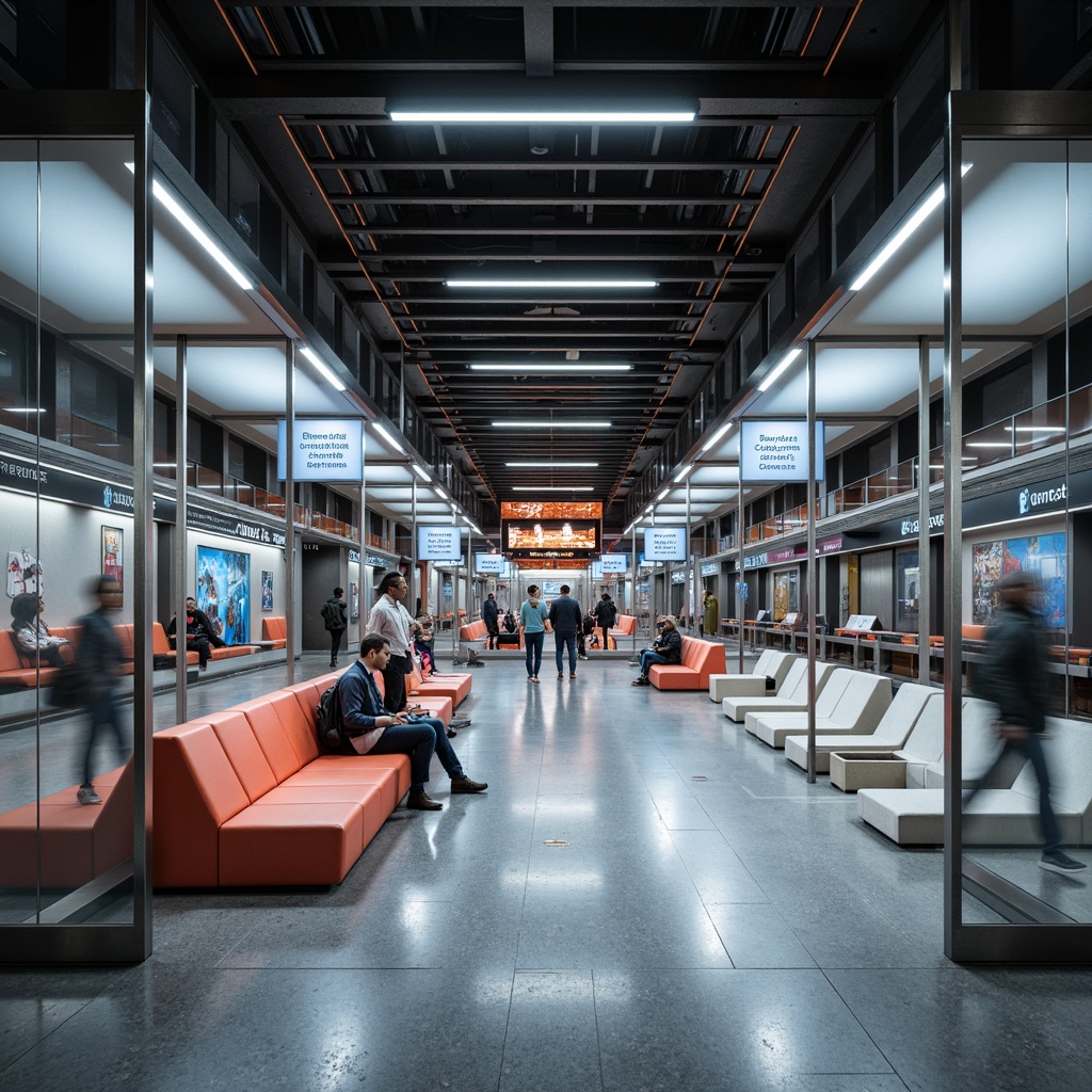 Prompt: Modern metro station interior, sleek benches, stainless steel frames, LED lighting, minimalist signage, urban transportation hub, bustling atmosphere, concrete flooring, industrial chic decor, ergonomic seating, vibrant color accents, modular furniture systems, integrated technology interfaces, durable materials, high-traffic durability, comfortable waiting areas, dynamic pedestrian flow, urban connectivity, futuristic ambiance, 1/2 composition, shallow depth of field, softbox lighting.