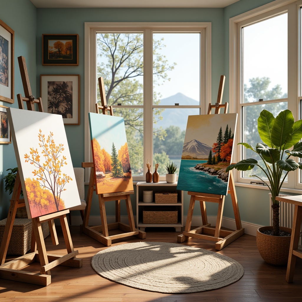 Prompt: Vibrant art studio, natural light, wooden easels, paintbrushes, colorful palettes, harmonious hues, soothing ambiance, creamy whites, rich charcoal grays, bold turquoise accents, soft peach undertones, earthy terracotta shades, subtle golden textures, gradient blends, abstract compositions, expressive brushstrokes, artistic freedom, inspirational quotes, peaceful atmosphere, calm creative energy.