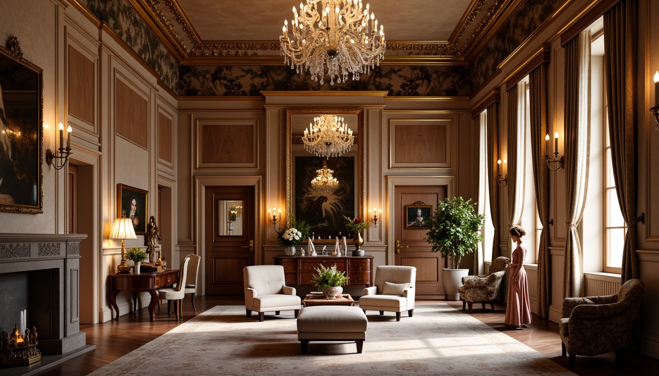 Prompt: Elegant classical interior, ornate moldings, rich wood paneling, subtle wallpaper patterns, soft warm lighting, crystal chandeliers, luxurious fabrics, velvet drapes, carved wooden furniture, intricate plasterwork, gilded frames, antique mirrors, vintage artwork, symmetrical composition, shallow depth of field, 1/1 aspect ratio, realistic textures, ambient occlusion.