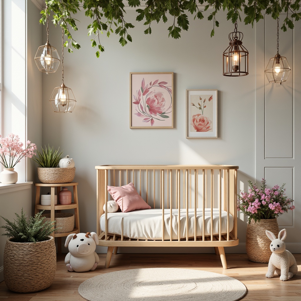 Prompt: Whimsical nursery, soft pastel colors, delicate florals, rounded lines, ornate metalwork, stained glass accents, warm golden lighting, crystal chandeliers, intricate pendant lamps, flowing organic shapes, natural materials, earthy tones, vintage-inspired fixtures, antique bronze finishes, frosted glass shades, creamy whites, pale pinks, baby blue hues, gentle ambiance, warm cozy atmosphere, subtle sparkle, 1/1 composition, soft focus, dreamy quality.