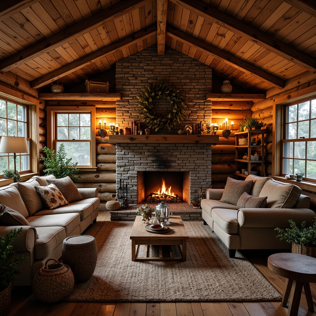 Prompt: Rustic cabin, wooden accents, natural stone walls, earthy color palette, vintage furniture, distressed textures, cozy atmosphere, warm candle lighting, crackling fireplace, plush throw blankets, woven baskets, reclaimed wood floors, natural fiber rugs, organic shapes, eclectic decor, whimsical patterns, nature-inspired accessories, autumnal colors, soft focus, shallow depth of field, 1/2 composition, intimate setting.