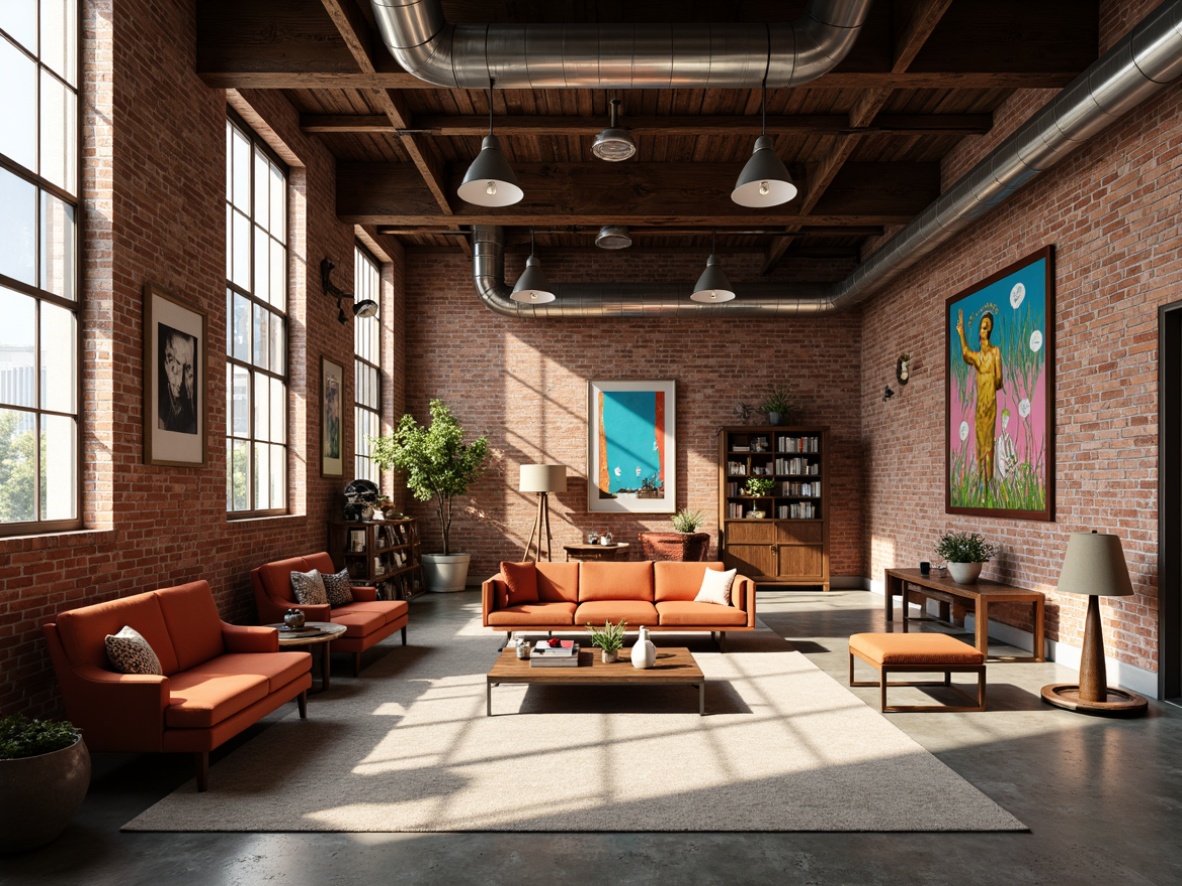 Prompt: Exposed brick walls, metal beams, industrial chic decor, reclaimed wood accents, bold color pops, vibrant artwork, eclectic furniture pieces, urban loft atmosphere, concrete floors, steel windows, natural light pouring in, airy open space, abstract sculptures, distressed finishes, contrasting textures, warm ambient lighting, 1/1 composition, dramatic shadows.