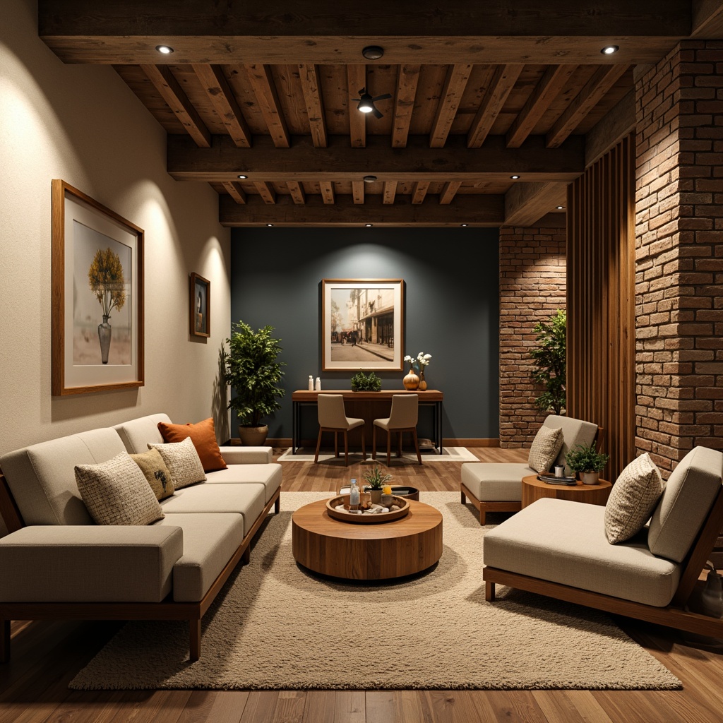 Prompt: Cozy basement, warm earthy tones, rich wood accents, soft cream walls, deep blue undertones, industrial metal beams, exposed brick surfaces, modern minimalist furniture, ambient dim lighting, relaxing atmosphere, natural stone floors, plush area rugs, comfortable seating areas, warm beige ceilings, rustic wooden decor, earthy scent, calming ambiance, 3/4 composition, realistic textures, shallow depth of field.