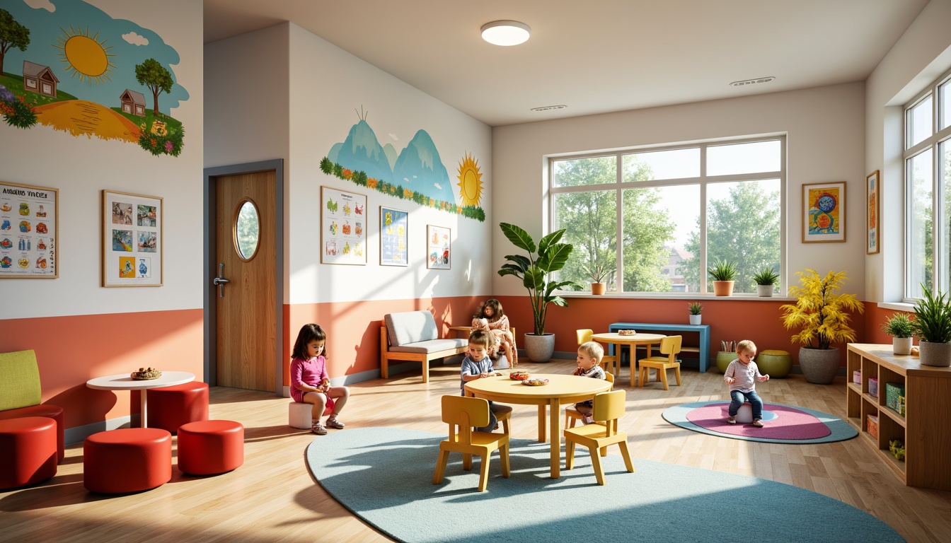 Prompt: Vibrant kindergarten interior, playful primary colors, soft pastel hues, educational wall graphics, interactive whiteboards, wooden furniture, cozy reading nooks, colorful rug patterns, natural light-filled classrooms, cheerful circular tables, child-sized chairs, whimsical mobile installations, gentle warm lighting, shallow depth of field, 1/1 composition, realistic textures, ambient occlusion.