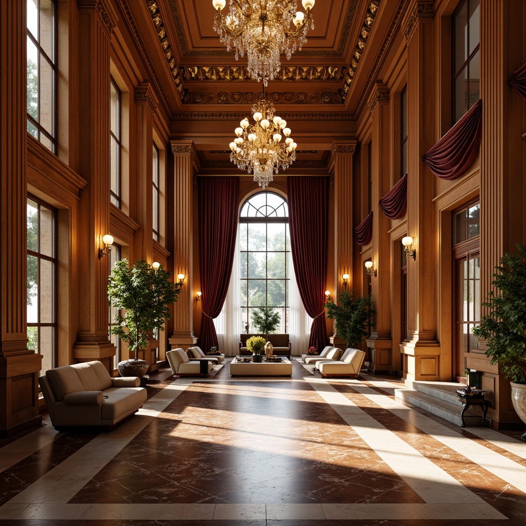 Prompt: Luxurious mansion, grand foyer, high ceilings, ornate chandeliers, rich wood tones, polished marble floors, intricate inlays, classic Greek columns, ornamental archways, velvet drapes, lavish furnishings, opulent textiles, warm golden lighting, shallow depth of field, 2/3 composition, symmetrical framing, realistic reflections, ambient occlusion.