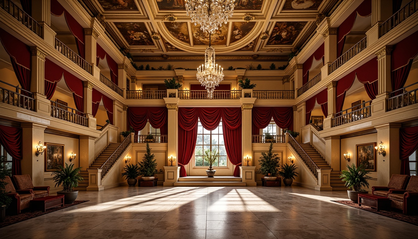 Prompt: Elegant amphitheater interior, classicism style, marble floors, grand staircases, ornate balustrades, rich velvet drapes, gilded moldings, crystal chandeliers, intricate frescoes, vaulted ceilings, ornamental pillars, luxurious upholstery, lavish furnishings, warm golden lighting, dramatic shadows, high-contrast composition, symmetrical arrangement, Renaissance-inspired motifs, antique furniture pieces, refined textiles, opulent decor.