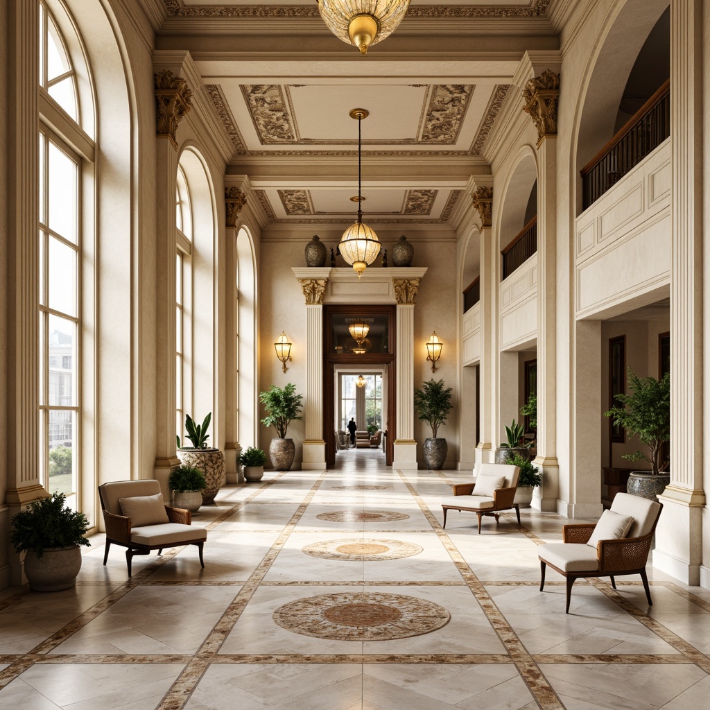 Prompt: Grand neoclassical interior, polished marble floors, intricate inlays, ornate patterns, cream-colored stone walls, tall fluted columns, decorative cornices, gilded accents, crystal chandeliers, opulent furnishings, lavish textiles, soft warm lighting, subtle shading, 1/1 composition, realistic reflections, ambient occlusion.