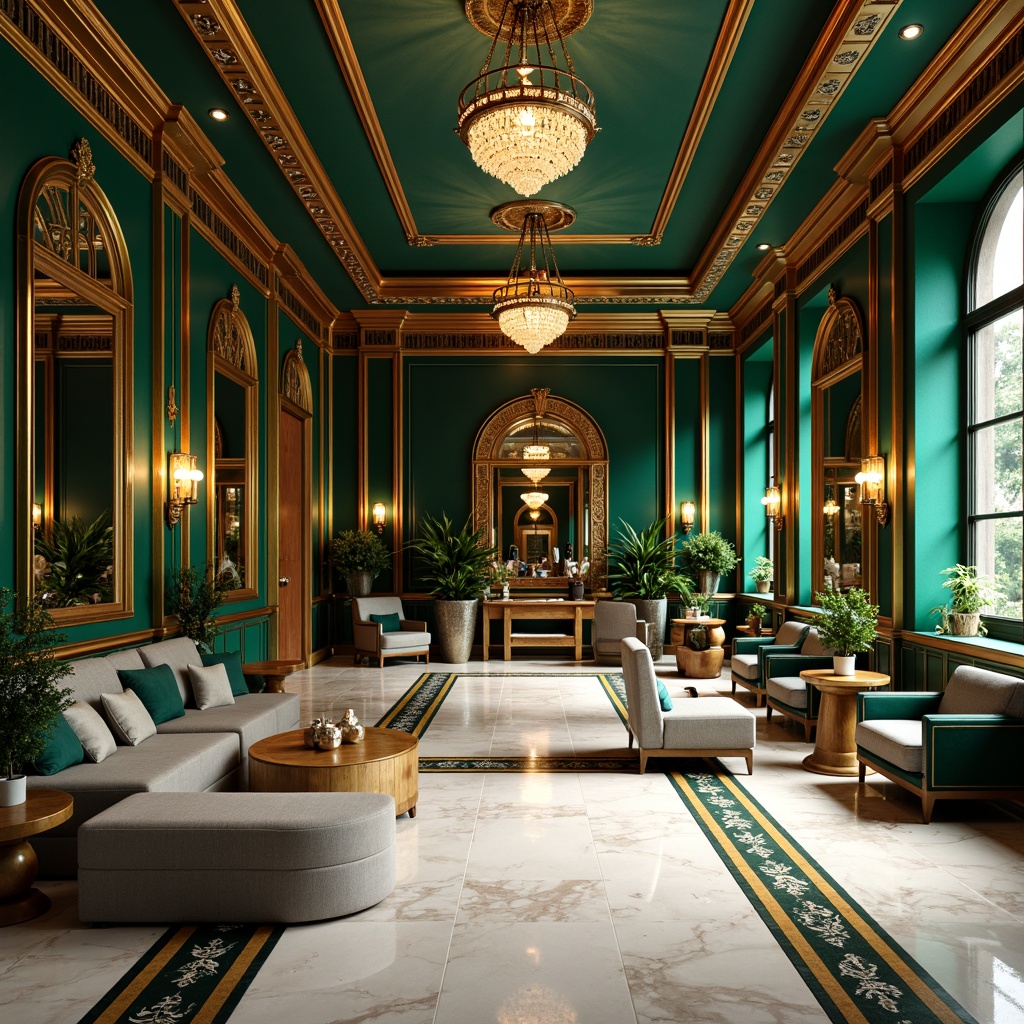 Prompt: Luxurious Art Deco interior, opulent gold accents, rich jewel tones, emerald green walls, navy blue ceilings, creamy white marble floors, ornate geometric patterns, metallic silver fixtures, lavish velvet upholstery, intricate inlays, lavish chandeliers, soft warm lighting, shallow depth of field, 1/1 composition, realistic textures, ambient occlusion.