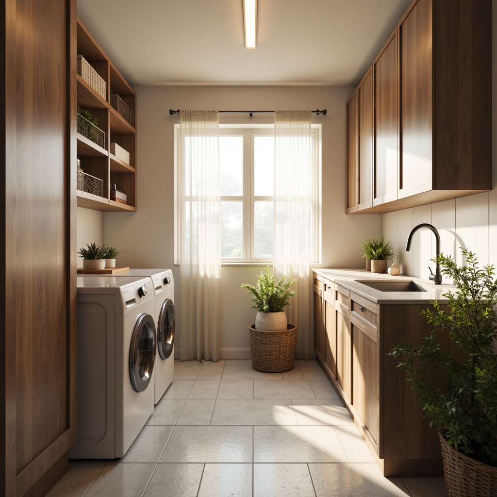 Prompt: Cozy laundry room, soft warm lighting, overhead LED strips, under-cabinet task lights, natural daylight, sheer curtains, white tile floors, modern appliances, sleek countertops, stainless steel sink, minimalist decor, calming colors, soothing ambiance, gentle shadows, 1/1 composition, realistic textures, subtle ambient occlusion.