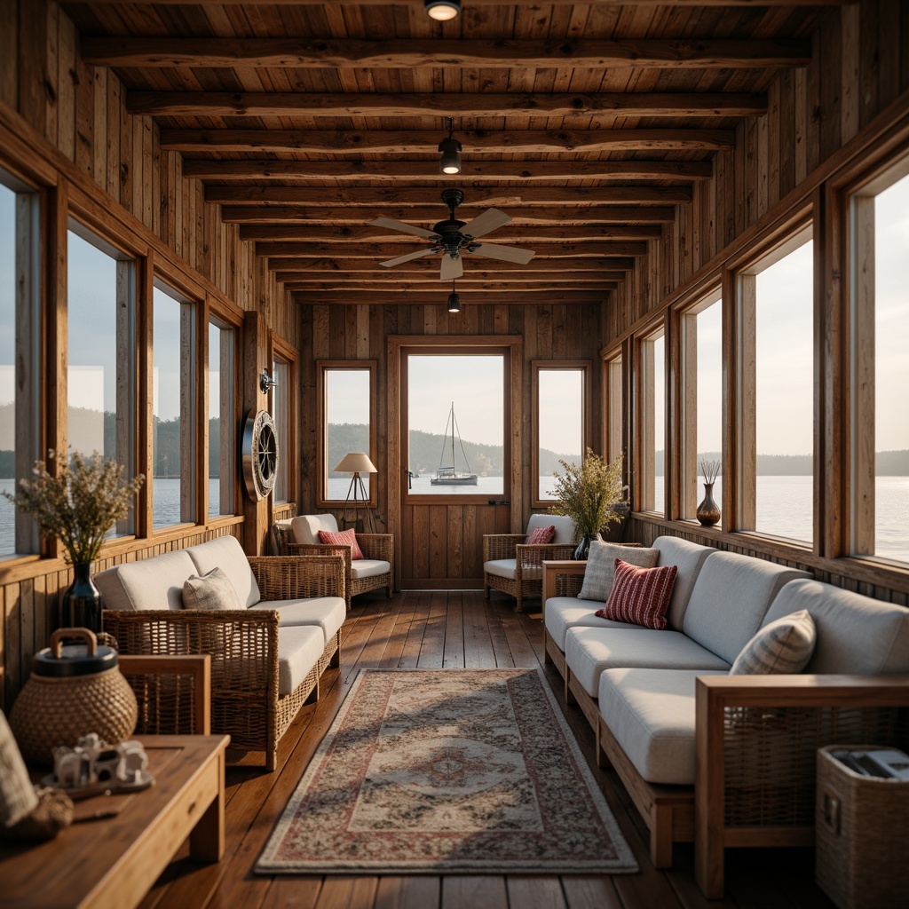 Prompt: Cozy boathouse interior, rustic wooden accents, natural textures, warm earthy tones, reclaimed wood floors, wooden beams, nautical decorations, plush furnishings, soft cushions, woven baskets, vintage sailing elements, lakehouse ambiance, morning mist, soft warm lighting, shallow depth of field, 1/1 composition, intimate atmosphere, realistic wood grains, ambient occlusion.