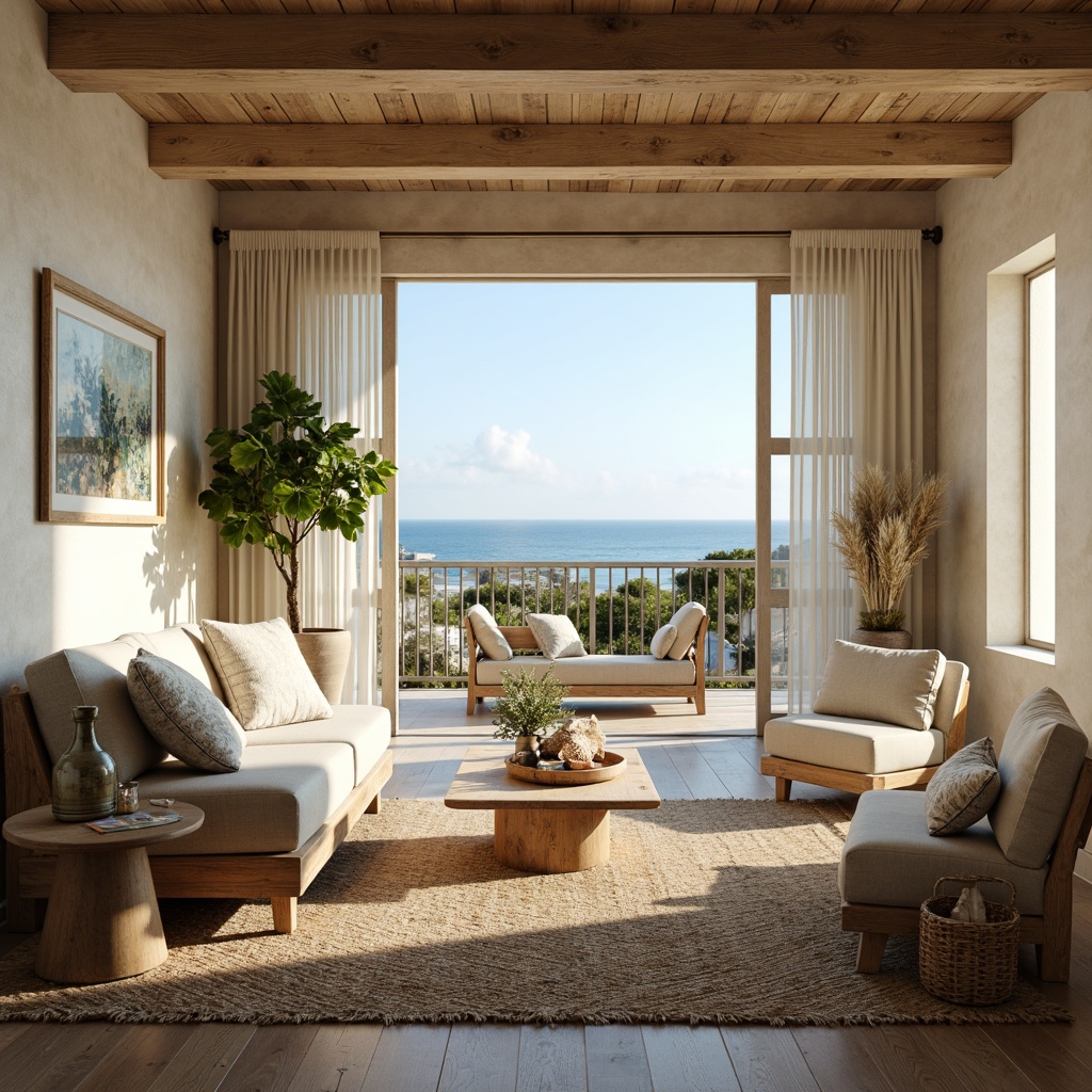 Prompt: \Soothing coastal interior, calming ocean views, gentle sea breeze, natural wood accents, driftwood furniture, sandy beige walls, soft blue-green hues, coral-inspired patterns, woven textiles, jute rugs, distressed finishes, vintage nautical decor, warm sunny lighting, shallow depth of field, 1/1 composition, realistic textures, ambient occlusion.\