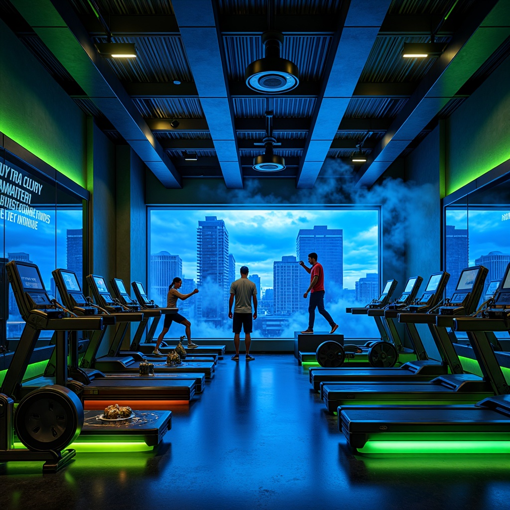 Prompt: Neon-lit home gym, futuristic equipment, metallic surfaces, bold color blocking, electric blue accents, neon green highlights, sleek black machines, mirrored walls, high-gloss flooring, ambient LED lighting, atmospheric fog effects, dynamic shadows, intense workouts, athletic wear, motivational quotes, urban cityscape views, modern architecture, angular lines, minimalist design, innovative technology integration, virtual fitness coaching, immersive sound systems.