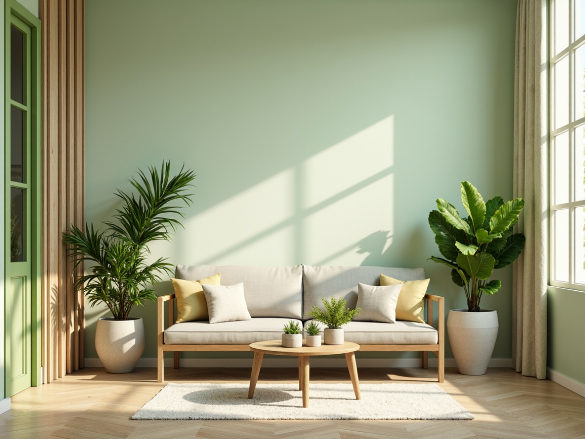 Prompt: Pastel-hued walls, light green accents, calming atmosphere, natural textures, wooden furniture, earthy tones, serene ambiance, soft diffused lighting, warm beige floors, lush greenery, vibrant florals, delicate patterns, subtle shading, realistic renderings, 1/2 composition, shallow depth of field, gentle focus blur.