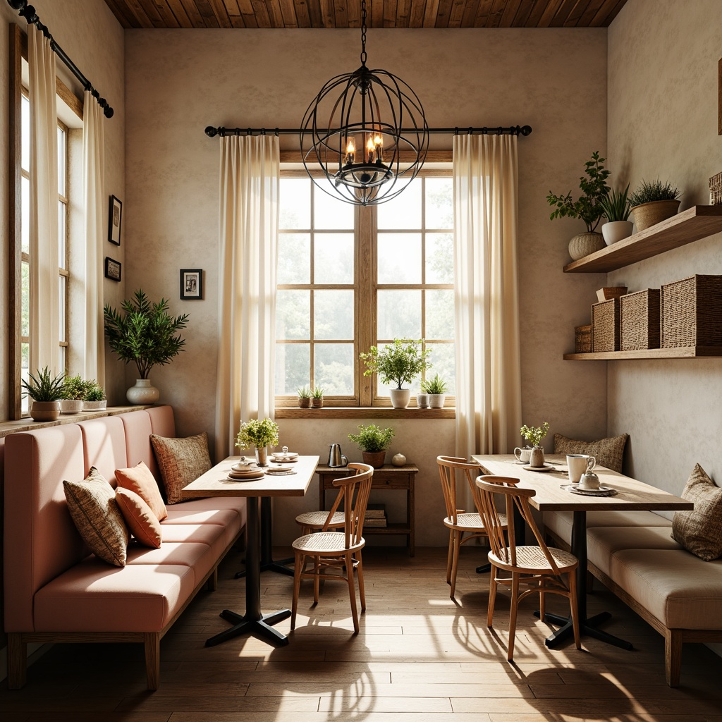 Prompt: Cozy breakfast nook, soft warm lighting, vintage metal chandeliers, distressed wooden accents, rustic farmhouse tables, worn velvet upholstery, pastel-colored ceramics, delicate lace curtains, natural linen fabrics, woven wicker baskets, antique bronze fixtures, morning sunlight, gentle shadows, warm beige tones, creamy whites, soft peach hues, 1/2 composition, intimate atmosphere, relaxed ambiance, subtle textures.