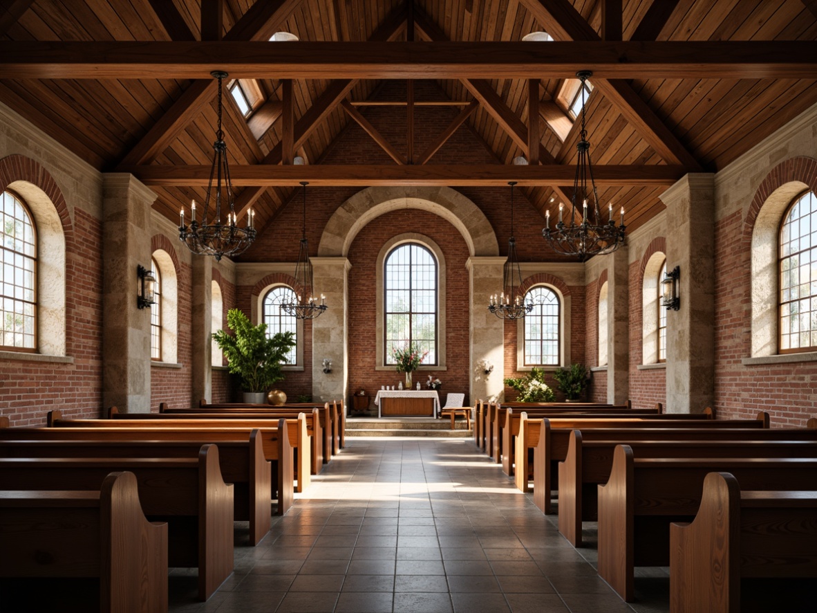 Prompt: Rustic church interior, open floor plan, wooden beams, exposed brick walls, stone columns, natural light pouring through stained glass windows, elegant chandeliers, rustic wood accents, comfortable pews, cozy nooks, earthy color palette, warm candlelight, shallow depth of field, 1/1 composition, soft focus, realistic textures, ambient occlusion.