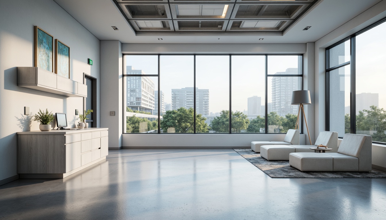 Prompt: Modern hospital interior, minimalistic decor, sleek lines, monochromatic color scheme, functional furniture, compact storage solutions, efficient layout planning, natural light optimization, LED lighting systems, polished concrete floors, glass partitions, simple signage, calming ambiance, airy atmosphere, shallow depth of field, 1/1 composition, realistic textures, ambient occlusion.