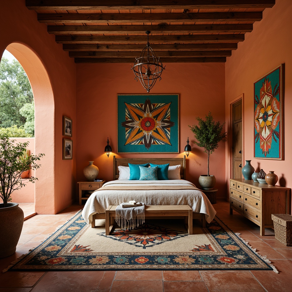 Prompt: Earthy Southwestern bedroom, warm terracotta walls, rustic wooden furniture, vibrant turquoise accents, woven tapestries, colorful Aztec patterns, plush area rugs, natural fiber textiles, distressed wood headboards, ornate metal fixtures, vintage pottery vases, lush greenery, soft warm lighting, shallow depth of field, 3/4 composition, realistic textures, ambient occlusion.