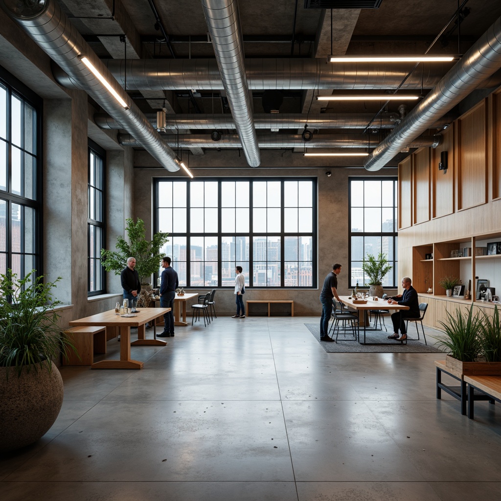 Prompt: Industrial science center, exposed ductwork, metallic pipes, concrete floors, steel beams, reclaimed wood accents, minimalist decor, functional lighting, urban cityscape, cloudy day, soft natural light, shallow depth of field, 3/4 composition, symmetrical framing, realistic textures, ambient occlusion.