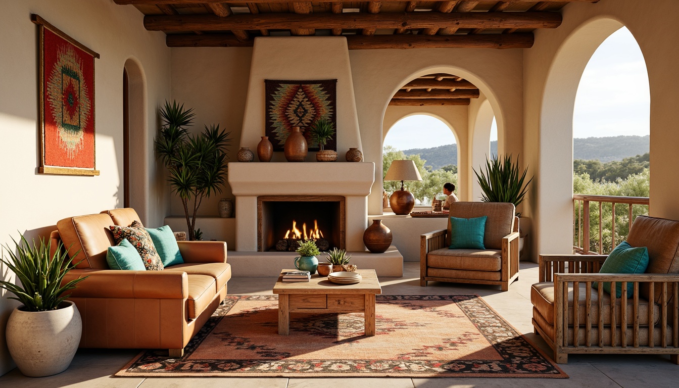 Prompt: Vibrant turquoise accents, earthy terracotta pottery, rustic wooden furniture, woven tapestries, colorful serape blankets, geometric patterned rugs, natural fiber textiles, distressed leather armchairs, warm golden lighting, soft beige walls, adobe-inspired architecture, cactus plants, desert landscape views, sunny afternoon, shallow depth of field, 3/4 composition, realistic textures, ambient occlusion.