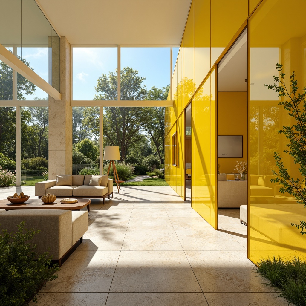 Prompt: Vibrant light yellow colored glass accents, modern interior design, sleek minimalist furniture, bright airy atmosphere, natural stone flooring, soft warm lighting, shallow depth of field, 3/4 composition, panoramic view, realistic textures, ambient occlusion, spacious open-plan living area, floor-to-ceiling windows, sliding glass doors, lush greenery, blooming flowers, sunny day.