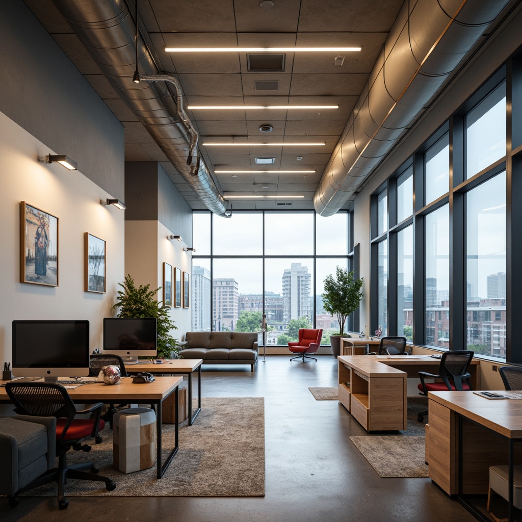 Prompt: Modern office building, open floor plan, minimalist decor, ergonomic workstations, adjustable desks, comfortable seating, collaborative spaces, whiteboard walls, modular furniture, plenty of natural light, floor-to-ceiling windows, urban cityscape views, soft warm lighting, 1/1 composition, realistic textures, ambient occlusion.