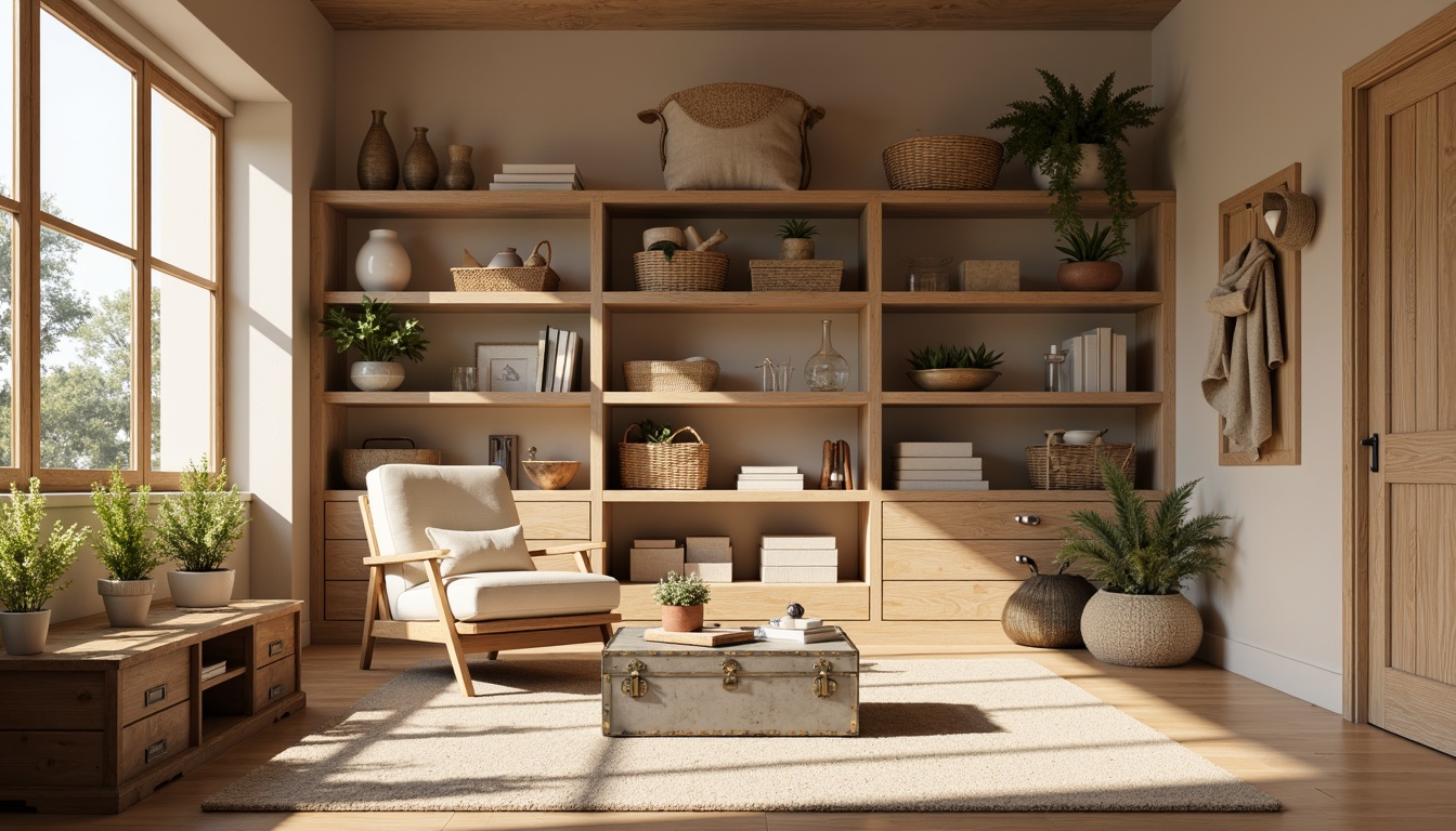 Prompt: Cozy storage room, warm beige walls, rustic wood shelves, woven baskets, vintage metal trunks, soft cream-colored furniture, minimalist decor, natural textiles, earthy tones, hidden LED lighting, 1/1 composition, shallow depth of field, realistic textures, ambient occlusion.