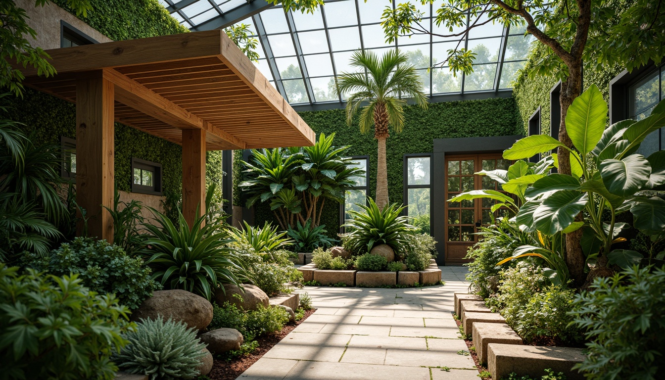 Prompt: Vibrant greenhouse interior, lush greenery walls, exotic tropical plants, modern botanical garden, natural stone flooring, wooden trellis, rustic metal accents, earthy color palette, soft warm lighting, misting system, humid climate control, 3/4 composition, shallow depth of field, realistic textures, ambient occlusion.