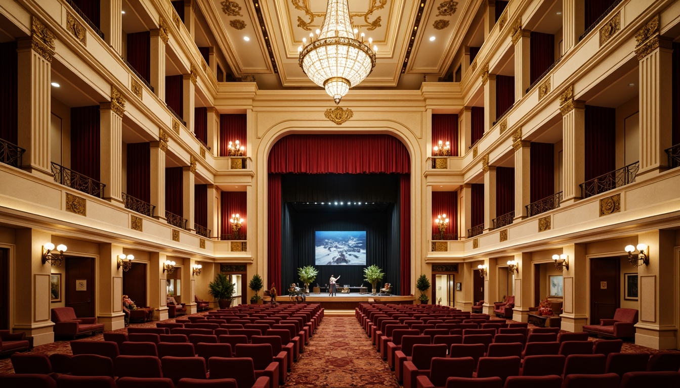 Prompt: Elegant performing arts center, neoclassical architecture, cream-colored marble columns, ornate golden details, rich velvet curtains, grand chandeliers, warm beige walls, dark wood accents, intricate moldings, soft warm lighting, subtle gradient effects, 1/2 composition, symmetrical framing, realistic textures, ambient occlusion, luxurious furnishings, plush red seating, polished brass fixtures, sophisticated ambiance, evening atmosphere, gentle spotlighting.