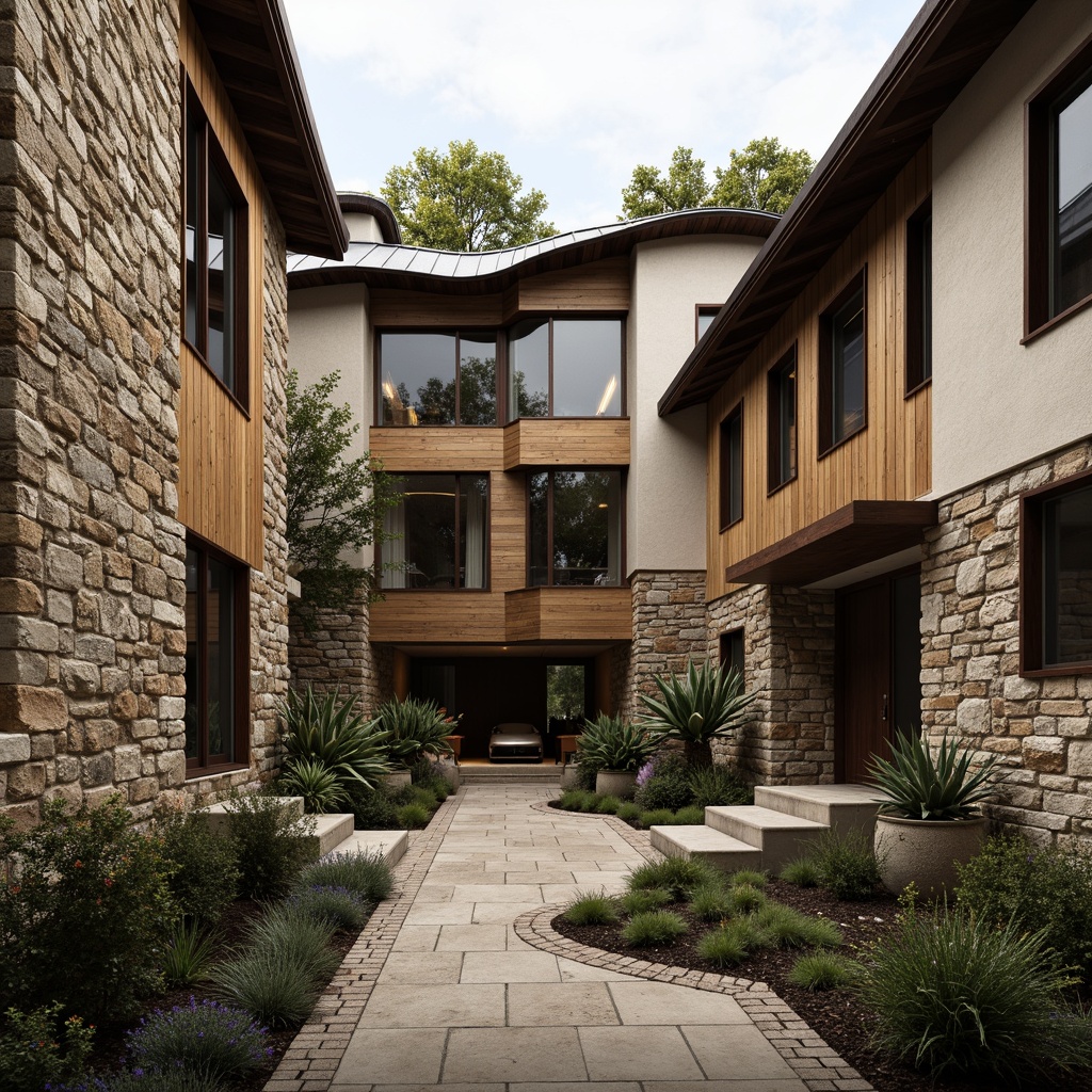 Prompt: Rough-hewn stone walls, rustic wooden accents, industrial metal cladding, exposed brick facades, natural stucco finishes, earthy tone color palette, organic shapes, undulating rooflines, cantilevered overhangs, dramatic shading, warm atmospheric lighting, 3/4 composition, shallow depth of field, realistic textures, ambient occlusion.