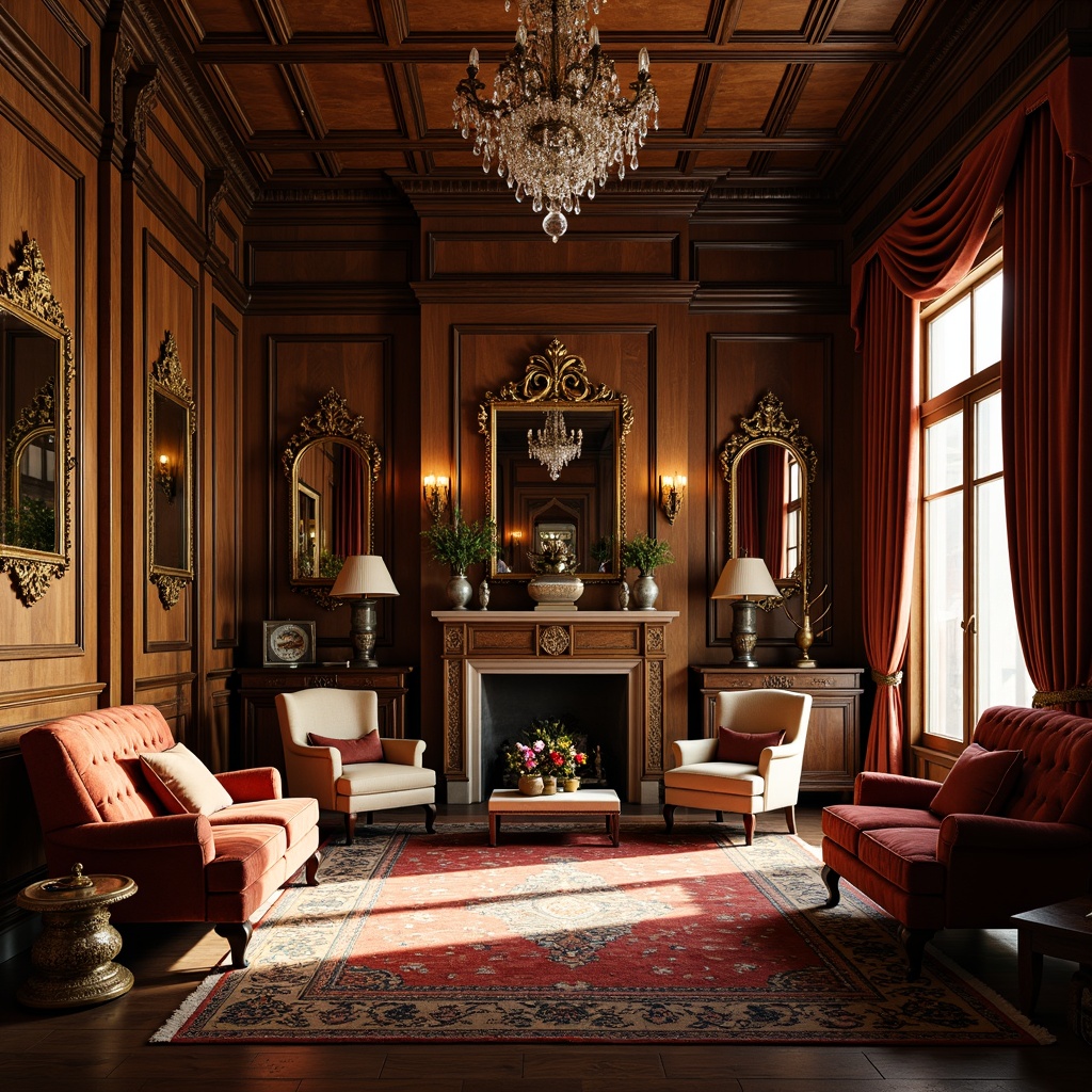 Prompt: Ornate Victorian mansion, rich wood tones, velvet upholstery, intricately carved wooden furniture, luxurious fabrics, heavy drapery, ornamental mirrors, crystal chandeliers, plush area rugs, tufted sofas, wingback chairs, antique decorative items, vintage accessories, warm golden lighting, dramatic shadows, 1/1 composition, high-angle shot, realistic wood textures, ambient occlusion.