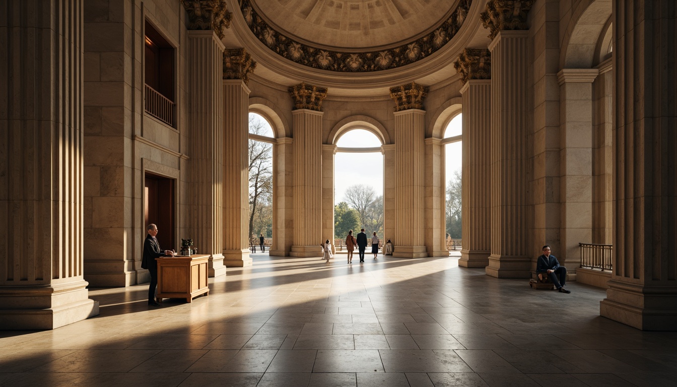 Prompt: \Majestic memorial center, grand entrance, iconic columns, neoclassical architecture, symmetrical facade, ornate details, dignified atmosphere, solemn ambiance, natural stone walls, marble floors, vaulted ceilings, elegant arches, subtle lighting, dramatic shadows, 3/4 composition, low-angle shot, realistic textures, ambient occlusion.\