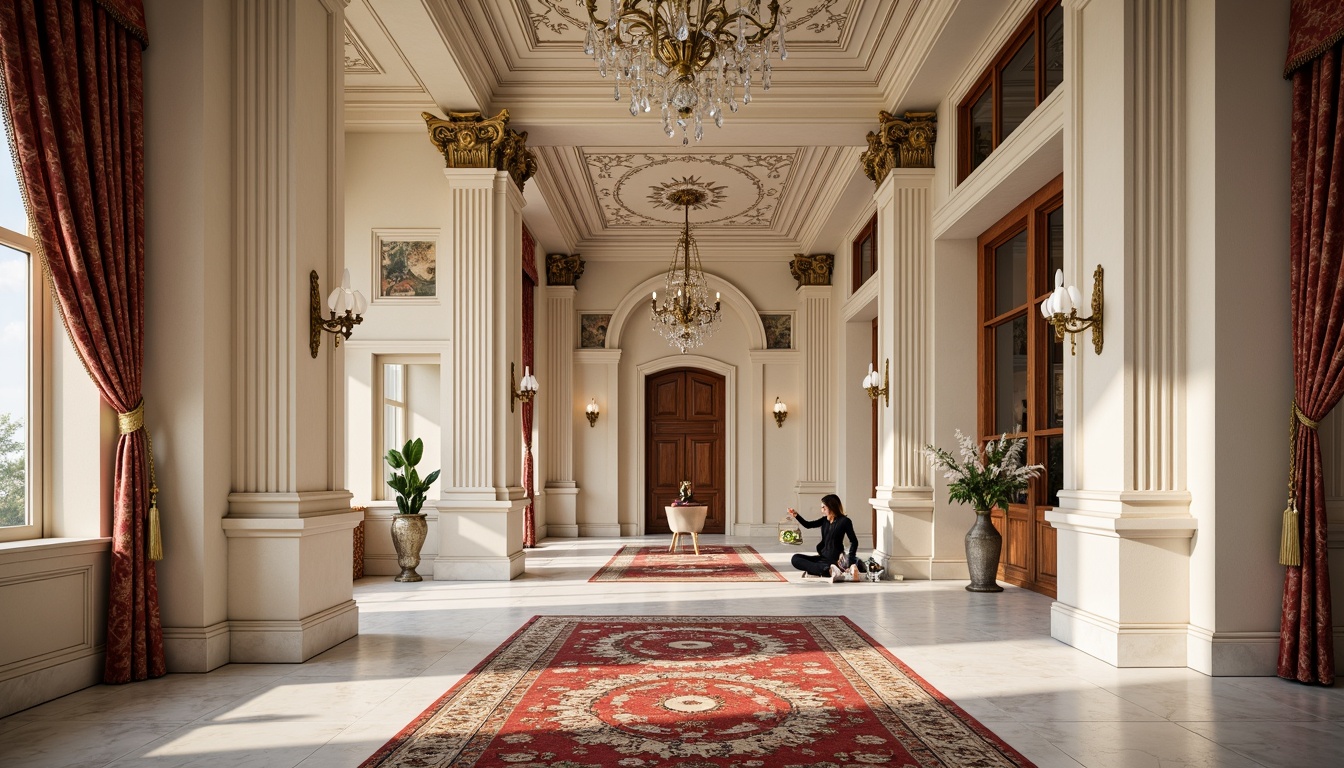 Prompt: Ornate classic columns, intricately carved moldings, creamy white marble, polished wooden panels, gilded details, luxurious velvet fabrics, richly patterned rugs, ornamental ceilings, crystal chandeliers, soft warm lighting, shallow depth of field, 1/1 composition, realistic textures, ambient occlusion, subtle color palette, muted gold accents.