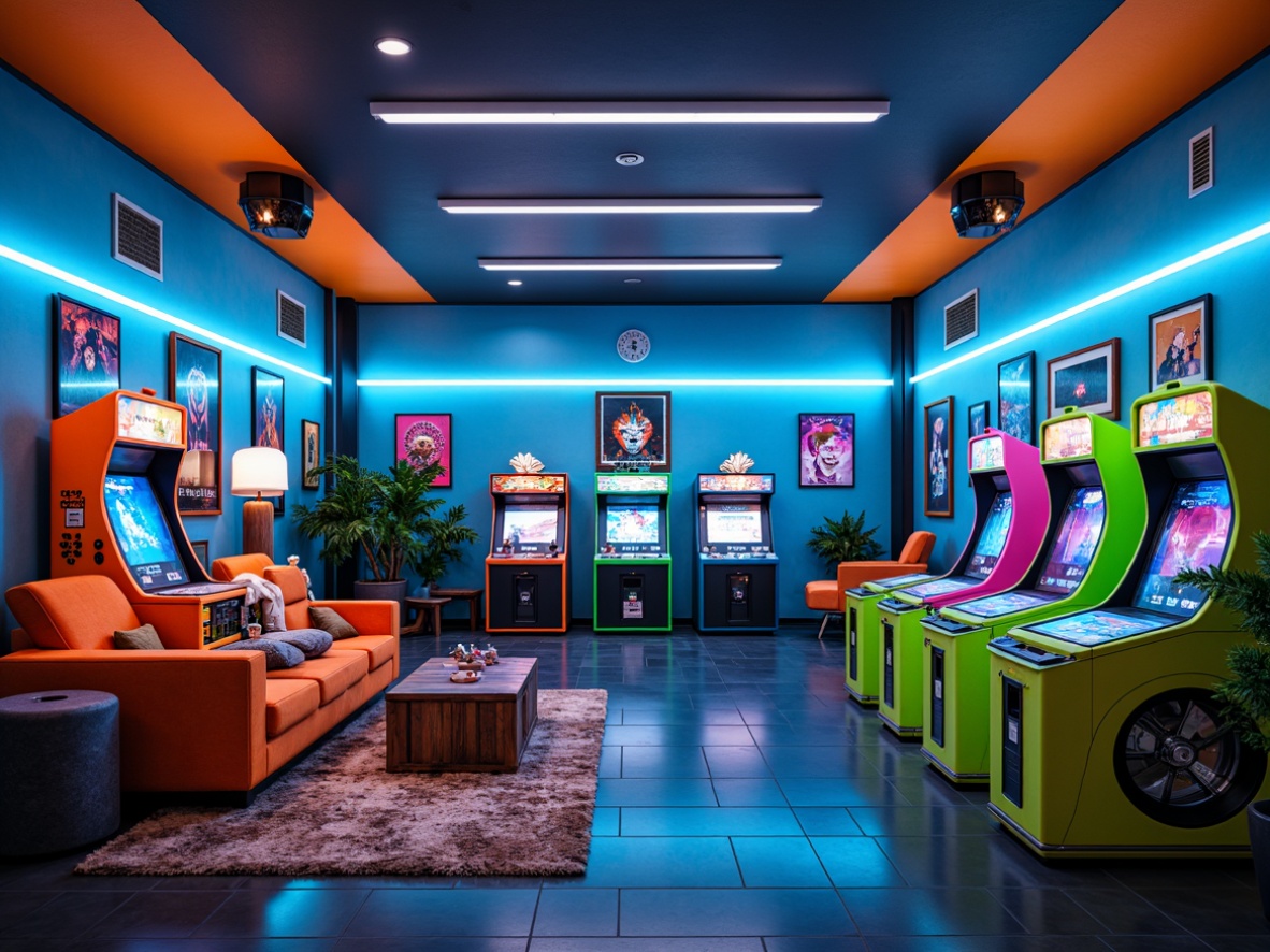 Prompt: Vibrant game room, neon-lit arcade machines, bold color scheme, electric blue walls, bright orange accents, lime green furniture, futuristic glow-in-the-dark decor, metallic silver trim, high-gloss finish, retro-style posters, nostalgic memorabilia, cozy throw blankets, comfortable seating areas, ambient softbox lighting, shallow depth of field, 1/1 composition, realistic textures, cinematic ambiance.