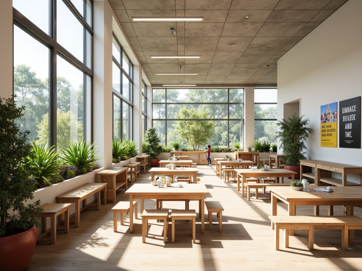 Prompt: Bright classrooms, abundant natural light, floor-to-ceiling windows, minimalist interior design, warm wooden furniture, vibrant greenery, educational posters, inspirational quotes, collaborative workspaces, flexible seating arrangements, modern architecture, open-plan layouts, soft diffused lighting, 1/1 composition, realistic textures, ambient occlusion.